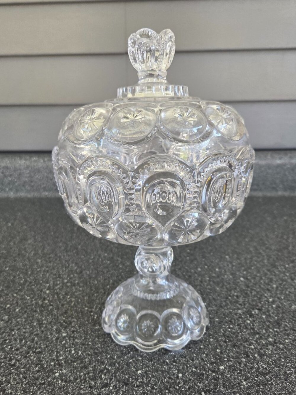 Vtg LE Smith Glass Clear Moon and Stars 10" Tall Compote/Candy Dish w/Lid VIDEO